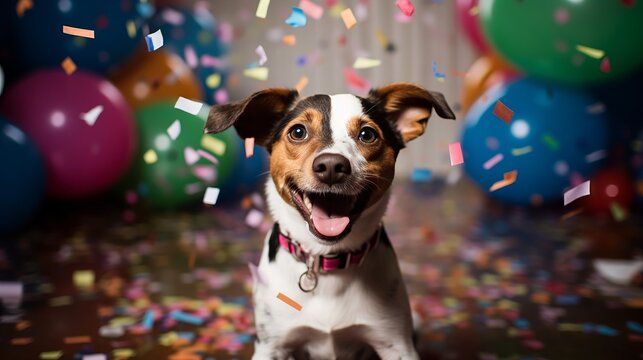 Joyful celebration with a cheerful dog wearing a colorful party hat, surrounded by confetti