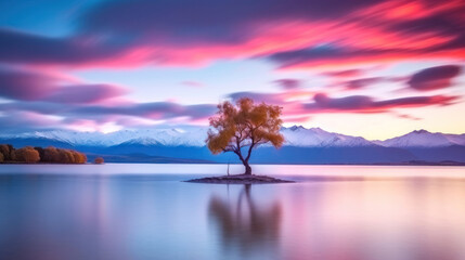 That Wanaka Tree at sunrise Wanaka, NEW ZEALAND,landscape. - obrazy, fototapety, plakaty