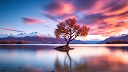 That Wanaka Tree at sunrise Wanaka, NEW ZEALAND,landscape. - obrazy, fototapety, plakaty
