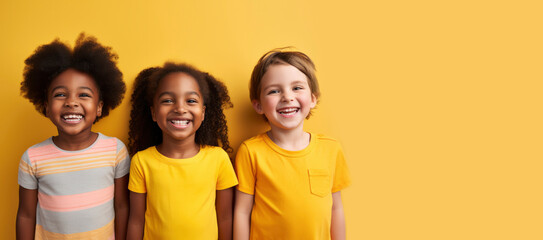 Portrait of three laughing Toddler children of different races on bright yellow background. Multicultural group of little happy children, cheerful childhood, kindergarten concept, friends
