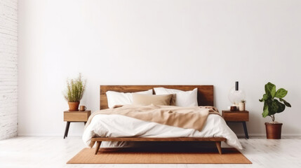Rustic wooden bed against empty white wall with copy space. Scandinavian loft interior design of modern bedroom.