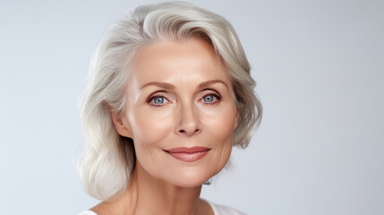 Beautiful gorgeous 50s mid aged mature woman looking at camera isolated on white. Mature old lady close up portrait. Healthy face skin care beauty, middle age skincare cosmetics, cosmetology concept.