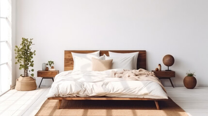 Fototapeta na wymiar Rustic wooden bed against empty white wall with copy space. Scandinavian loft interior design of modern bedroom.
