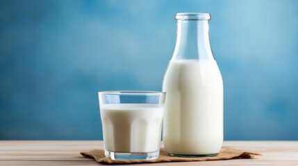 A bottle of milk and glass of milk on a wooden table on a blue background.