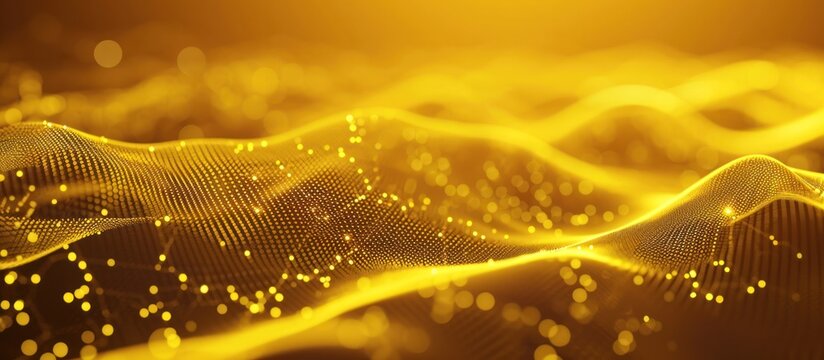 Network security, Wave of dots and weave lines. Abstract yellow background for design on the topic of cyberspace, big data, metaverse, , data transfer on dark yellow abstract cyberspace background