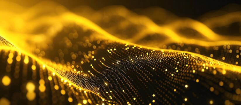 Network security, Wave of dots and weave lines. Abstract yellow background for design on the topic of cyberspace, big data, metaverse, , data transfer on dark yellow abstract cyberspace background