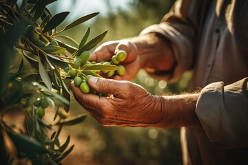 Olive harvest. Hands of a male farmer picking green olives from a tree branch close-up at sunset in the garden. Growing organic healthy olives, ingredient for making olive oil