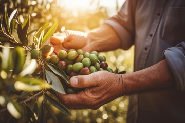 Olive harvest. Hands of a male farmer picking green olives from a tree branch close-up at sunset in...