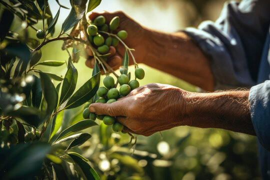 Olive harvest. Hands of a male farmer picking green olives from a tree branch close-up at sunset in the garden. Growing organic healthy olives, ingredient for making olive oil