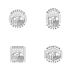 Mountain morning and cottage badge vector illustration with monoline or line art style