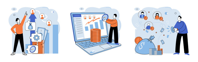 Business development. Vector illustration. Inclusive teams excel in problem-solving and creative thinking Finance professionals evaluate financial datand performance metrics Banking regulations