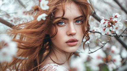 Naklejka premium woman with loose locks, posing among cherry blossoms in a spring garden generative ai