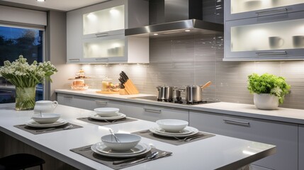 Sleek modern kitchen with stainless steel hood, soft under-cabinet lighting, and minimalist décor