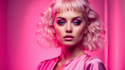 Obraz premium Fashion editorial Concept. Closeup portrait of stunning pretty woman with chiseled features, pink makeup.