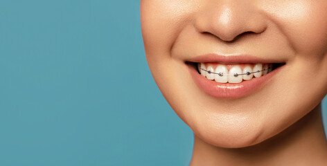 Dentalcare. Smile with a braces close up. Female mouth smile with a dental oral care treatment....