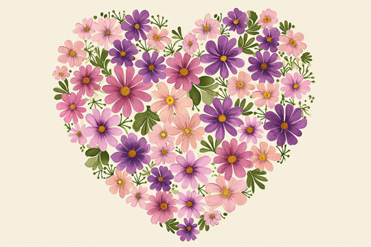 The heart is filled with purple flowers. Love theme. Mental health concept. Positive thinking.