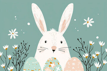 A white fluffy Easter bunny sits in flowers near Easter eggs on a blue background. 
