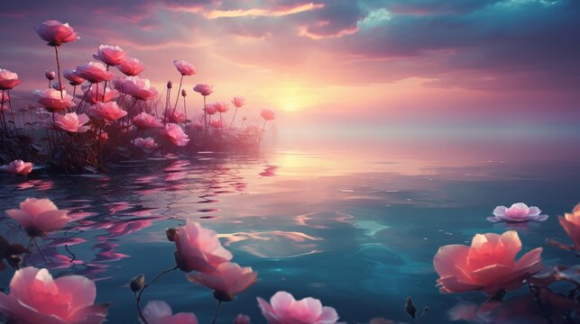 An ethereal pond with radiant rose flowers adrift, under a serene pink and turquoise dusk
