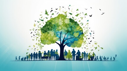 Tree eco-friendly, diverse group of people actively engaged in eco-friendly activities, planting trees, sustainable transportation, greener lifestyle