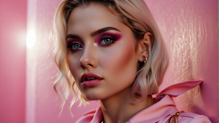 Fototapeta premium Fashion editorial Concept. Closeup portrait of stunning pretty woman with chiseled features, pink makeup.