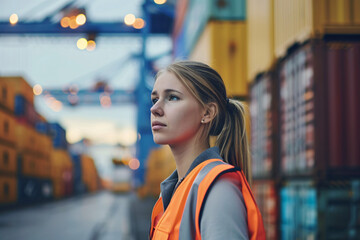 Female worker with reflective vest at shipping yard