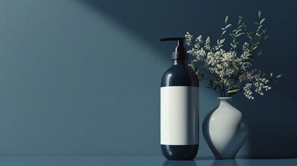 Shampoo dispenser bottle with blank label and vase with flowers on a navy blue background. Mock up. Copy space.