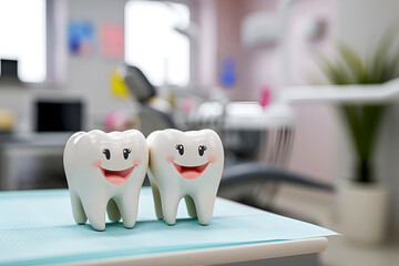 Two happy 3D tooth models in dental office. Cute tooth characters in a dentist's office, creating a friendly atmosphere for patients. Teeth with happy faces in dental setting, comfort dentist visit