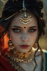 Fototapeta na wymiar Woman in the Goddess Ancient Indus Valley Civilization Beauty Style - Beautiful Goddess Girl Background created with Generative AI Technology