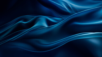  Trendy dark blue abstract background with floating blue fabric wave. Silk satin. Shiny fabric elegant luxury background. Liquid wave effect.