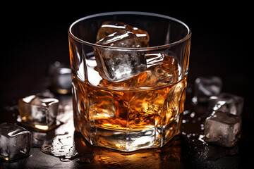 Whiskey on Ice in einem rauchig holzigen Umfeld, Genuss und Lifestyle