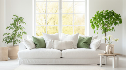 Light room in Scandinavian style. Light sofa with green cushions standing against the window.