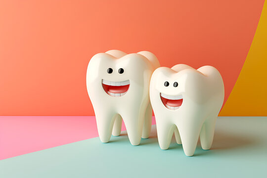 Smiling tooth characters against vibrant colored background, dental adverts. Cute 3D tooth models, bright tooth illustrations with cheerful expressions, dental health with smile
