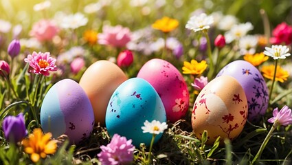 Fototapeta na wymiar Colorful Easter eggs in flowery meadow. Easter holiday background