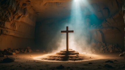 cross in a cave in the rays of sun and dust