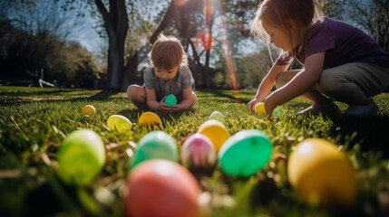 Easter Egg Hunt, Children Looking for an Easter Egg | Ai generated
