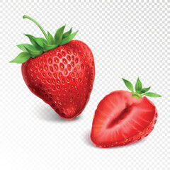 Fresh strawberry and sliced strawberry half isolated on a transparent background
