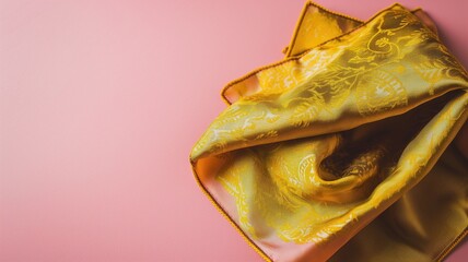 Folded golden silk with patterns on pink