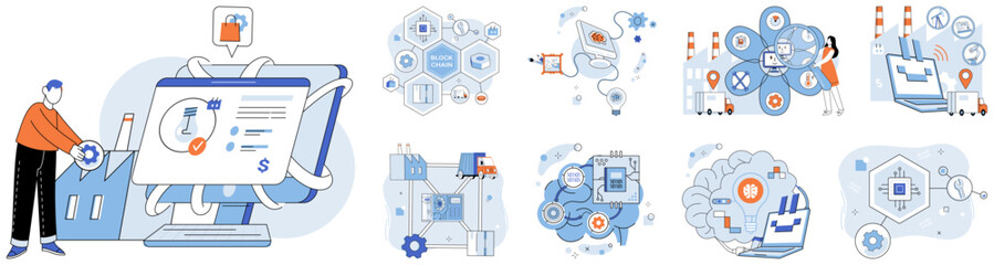 Industry 4 vector illustration. In metaverse business, decisions echo through network innovative solutions The digitization dance in industry 4 concept transforms business into connected symphony