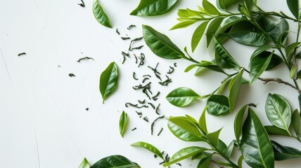 Scattered green tea leaves on a bright white surface