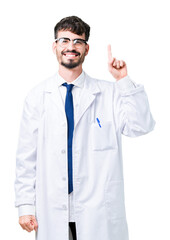 Young professional scientist man wearing white coat over isolated background showing and pointing up with finger number one while smiling confident and happy.