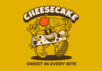 Cheesecake, sweet in every bite. Mascot character illustration of walking cheesecake