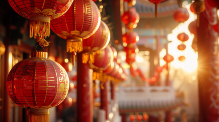 Fototapeta na wymiar Chinese new year, Decorated temple, Chinese lanterns, Chinese temple, festival, prosperity and luck, decorations with red background