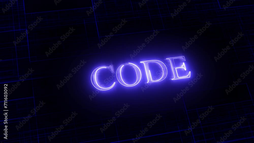Aufkleber code text animation on blue digital technology background.