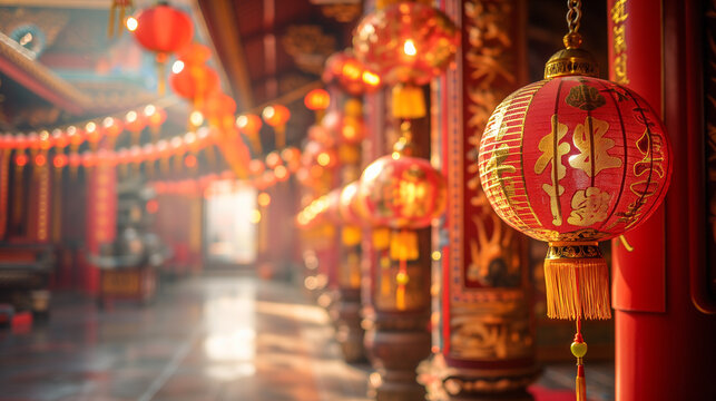 Chinese new year, Decorated temple, Chinese lanterns, Chinese temple, festival, prosperity and luck, decorations with red background
