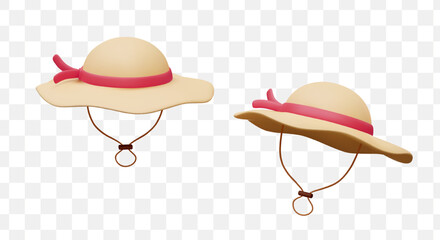 Realistic hats for women in different positions. Element of clothes for protection at hot summer days. Hat with lanyard for fastening around neck. Vector illustration in 3d style