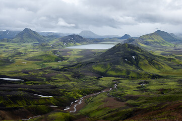The picturesque landscape on a famous Laugavegur hiking trail. Icelandic landscape of volcanic...