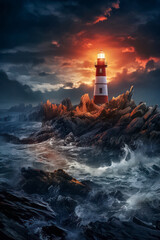Fototapeta na wymiar Leuchtturm bei Nacht an einer felsigen Küste, Generative AI
