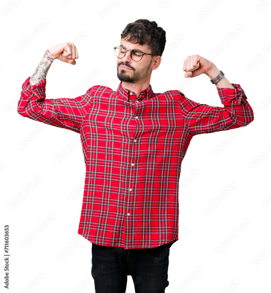 Sticker young handsome man wearing glasses over isolated background showing arms muscles smiling proud. fitn