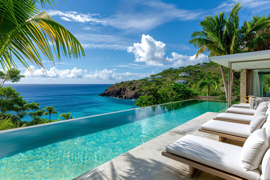 Luxury poolside loungers overlooking tropical ocean and clear blue sky