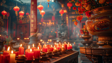 Obraz premium Chinese new year, Decorated temple, Chinese lanterns, Chinese temple, festival, prosperity and luck, decorations with red background